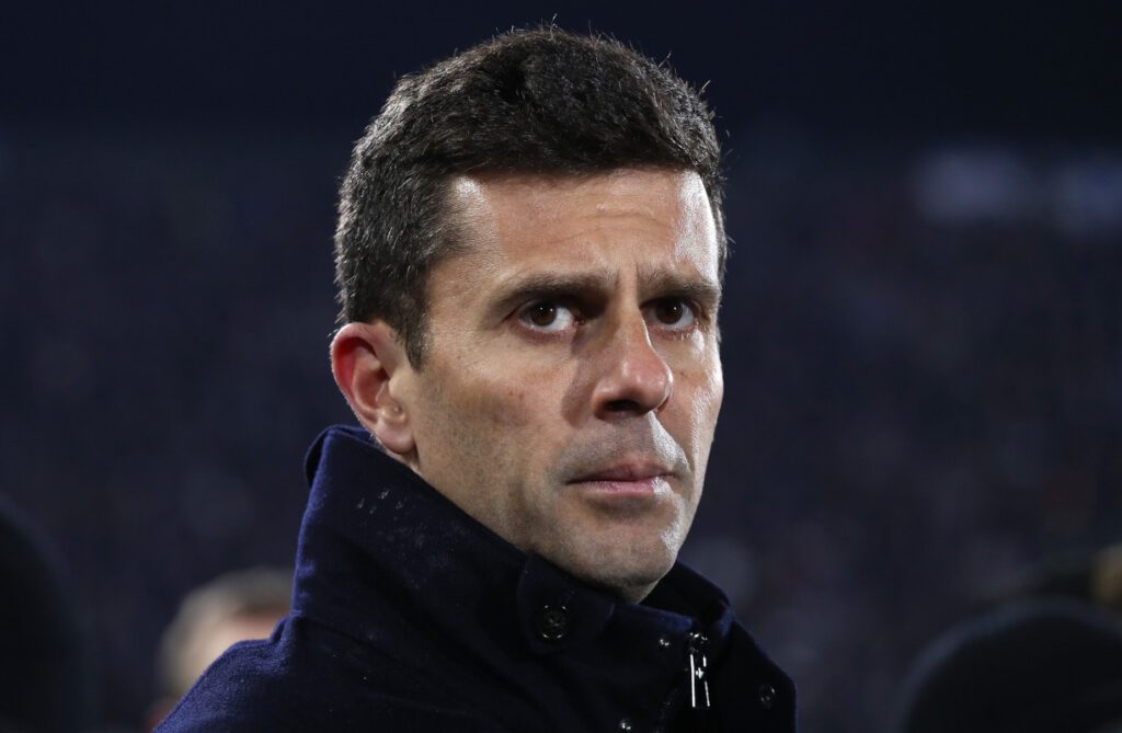 COMO, ITALY - FEBRUARY 07: Juventus coach Thiago Motta looks on before the Serie A match between Como 1907 and Juventus at Stadio G. Sinigaglia on February 07, 2025 in Como, Italy. (Photo by Marco Luzzani/Getty Images)