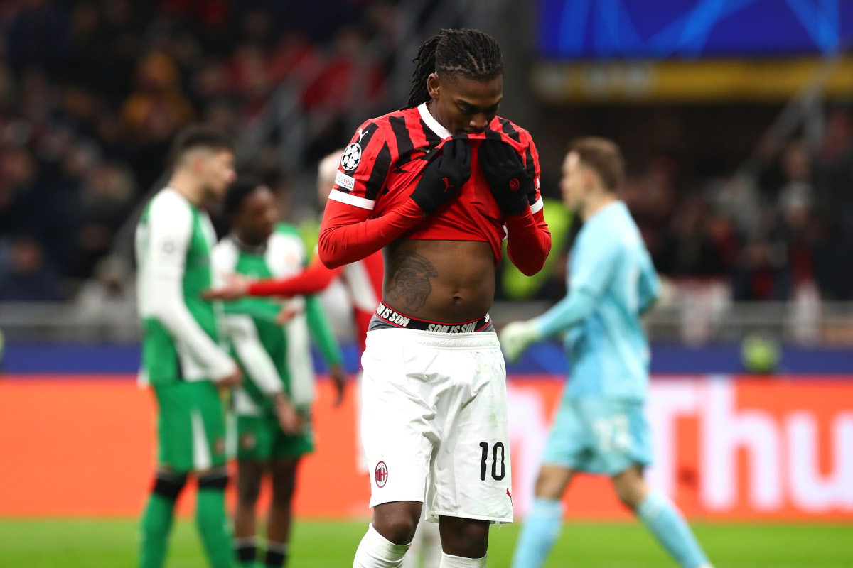 MILAN, ITALY - FEBRUARY 18: Rafael Leao of AC Milan reacts during the UEFA Champions League 2024/25 League Knockout Play-off second leg match between AC Milan and Feyenoord at San Siro Stadium on February 18, 2025 in Milan, Italy. (Photo by Marco Luzzani/Getty Images)