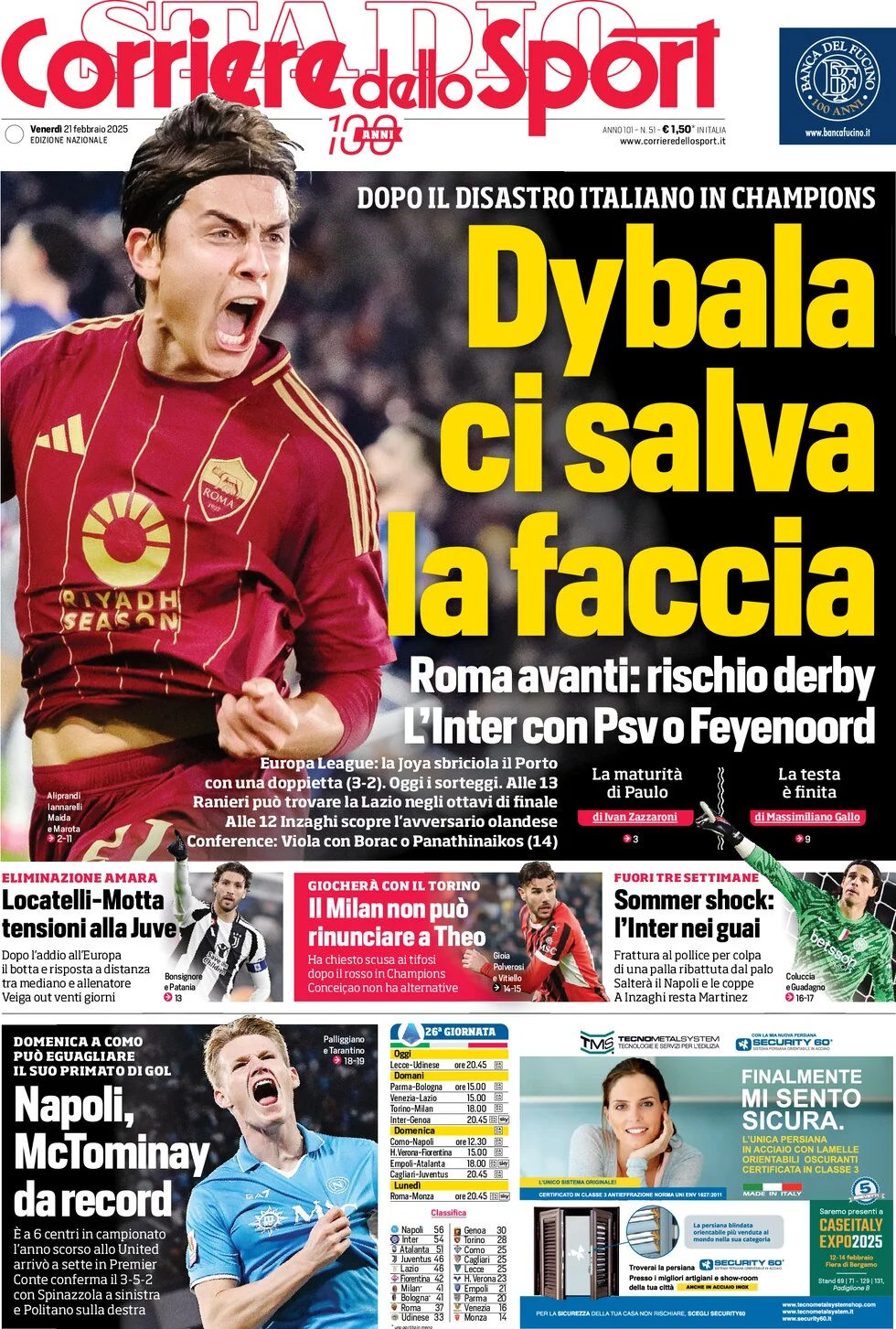 Today’s Papers – Motta and Conceiçao risk, Dybala and Roma save Italy 5