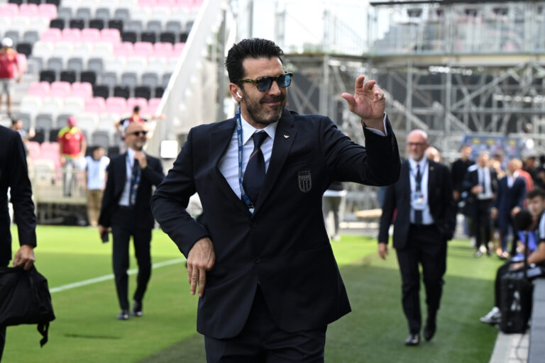 FORT LAUDERDALE, FLORIDA - MARCH 21: Gianluigi Buffon of Italy arrives before the International Friendly match between Venezuela and Italy at Chase Stadium on March 21, 2024 in Fort Lauderdale, Florida. (Photo by Claudio Villa/Getty Images)