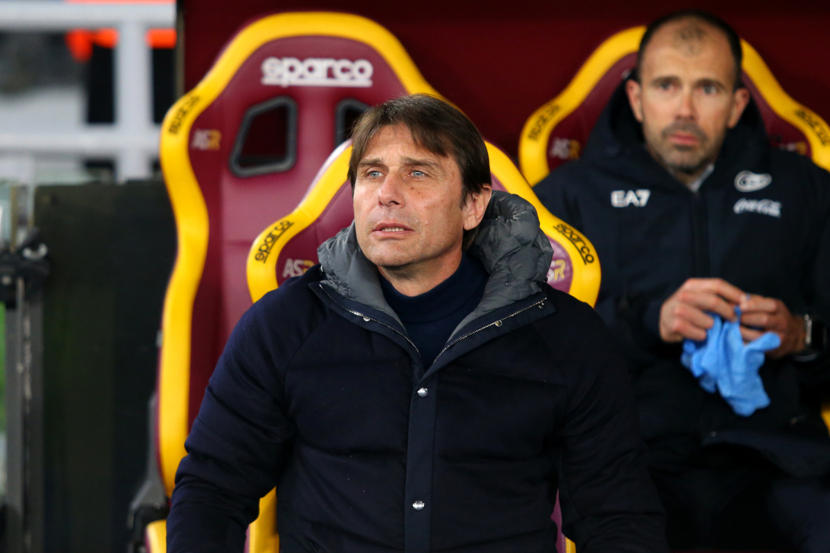 ROME, ITALY - FEBRUARY 02: Antonio Conte, Head Coach of Napoli, looks on prior to the Serie A match between AS Roma and Napoli at Stadio Olimpico on February 02, 2025 in Rome, Italy. (Photo by Paolo Bruno/Getty Images)