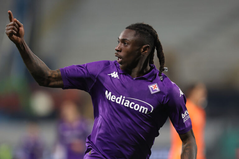 Former Juventus striker Moise Kean with ACF Fiorentina celebrating after scoring a goal during the Serie A match between Fiorentina and FC Internazionale at Stadio Artemio Franchi on February 6, 2025 in Florence, Italy. (Photo by Gabriele Maltinti/Getty Images)