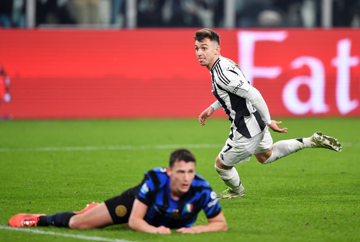 TURIN, ITALY - FEBRUARY 16: Francisco Conceicao of Juventus celebrates scoring his team's first goal during the Serie A match between Juventus and FC Internazionale at Allianz Stadium on February 16, 2025 in Turin, Italy. (Photo by Valerio Pennicino/Getty Images)