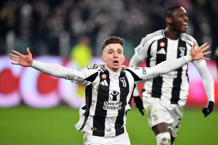 TURIN, ITALY - FEBRUARY 16: Francisco Conceicao of Juventus celebrates scoring his team's first goal during the Serie A match between Juventus and FC Internazionale at Allianz Stadium on February 16, 2025 in Turin, Italy. (Photo by Valerio Pennicino/Getty Images)