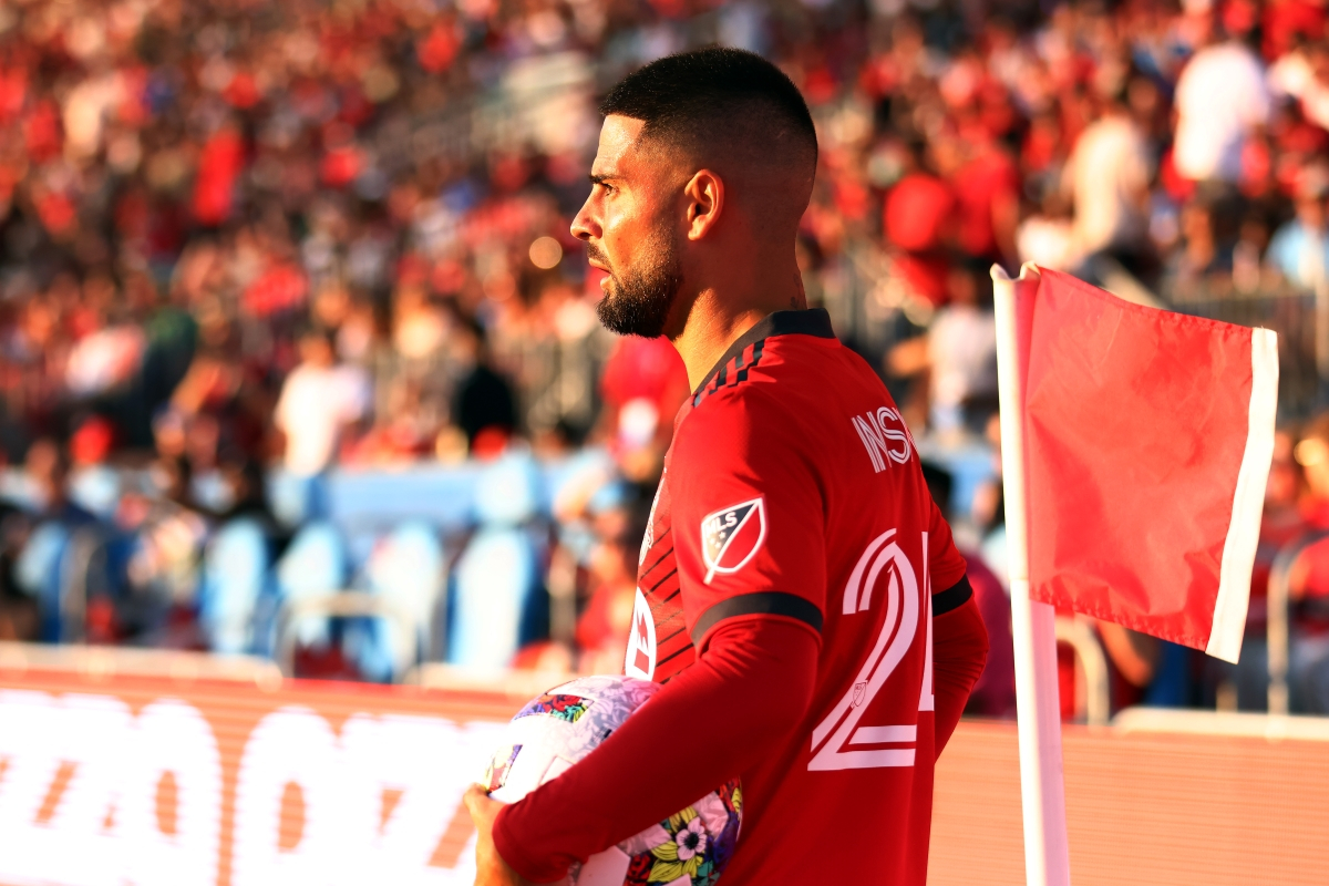 TORONTO, ON - JULY 23: Lorenzo Insigne #24 of Toronto FC prepares for a corner kick during an MLS game against Charlotte FC at BMO Field on July 23, 2022 in Toronto, Ontario, Canada. (Photo by Vaughn Ridley/Getty Images)