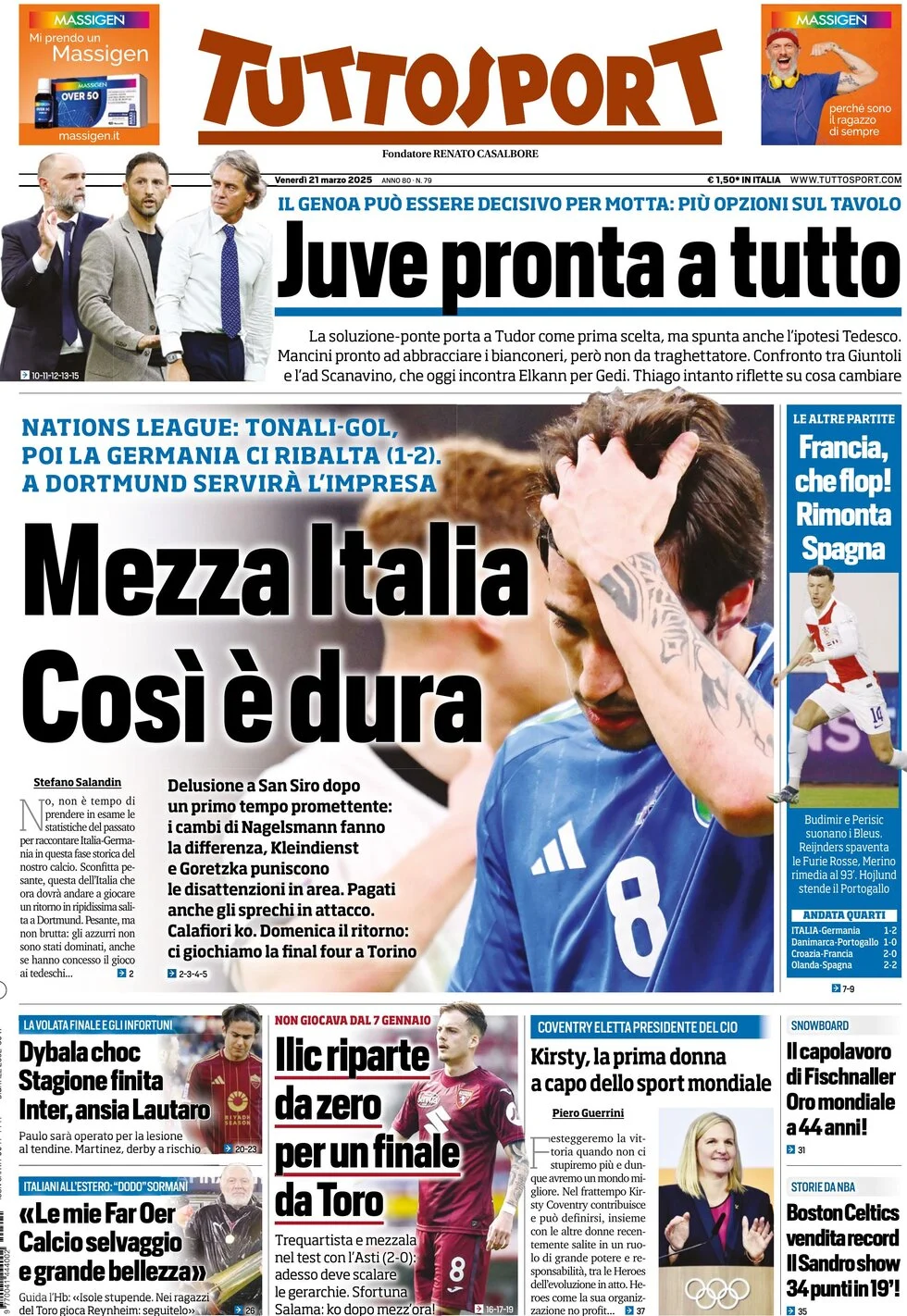 Today’s Papers: Germany beat Italy, Calafiori fear, Mancini or Tudor for Juve 6