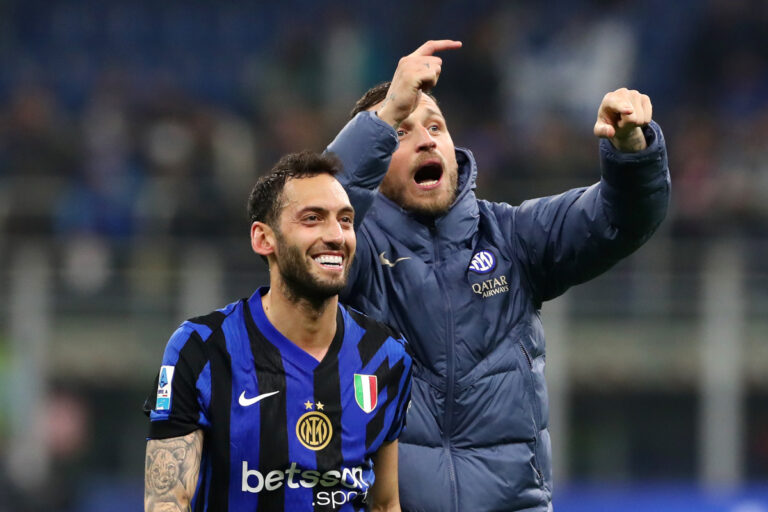 MILAN, ITALY - MARCH 08: Hakan Calhanoglu and Marko Arnautovic of FC Internazionale show appreciation to the fans following 3-2 victory after the Serie A match between FC Internazionale and Monza at Stadio Giuseppe Meazza on March 08, 2025 in Milan, Italy. (Photo by Marco Luzzani/Getty Images)