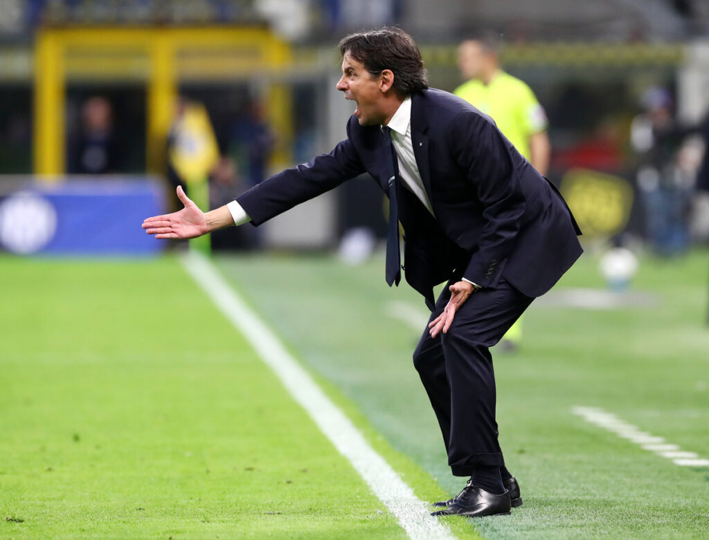 MILAN, ITALY - MARCH 30: Simone Inzaghi, Head Coach of FC Internazionale, reacts during the Serie A match between FC Internazionale and Udinese at Stadio Giuseppe Meazza on March 30, 2025 in Milan, Italy. (Photo by Marco Luzzani/Getty Images)