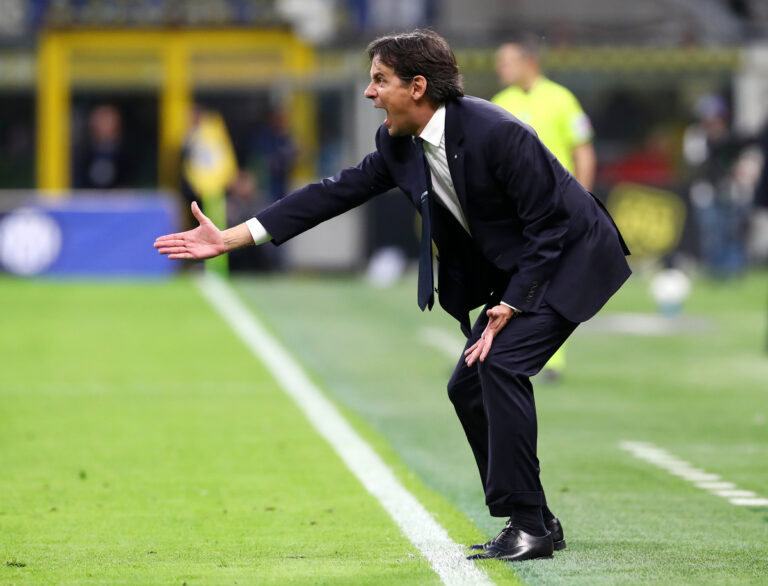 MILAN, ITALY - MARCH 30: Simone Inzaghi, Head Coach of FC Internazionale, reacts during the Serie A match between FC Internazionale and Udinese at Stadio Giuseppe Meazza on March 30, 2025 in Milan, Italy. (Photo by Marco Luzzani/Getty Images)