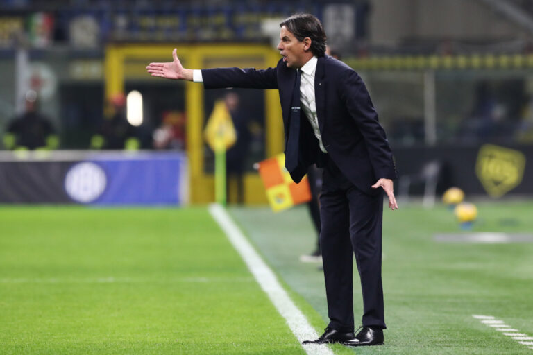 MILAN, ITALY - MARCH 08: Simone Inzaghi, Head Coach of FC Internazionale, reacts during the Serie A match between FC Internazionale and Monza at Stadio Giuseppe Meazza on March 08, 2025 in Milan, Italy. (Photo by Marco Luzzani/Getty Images)