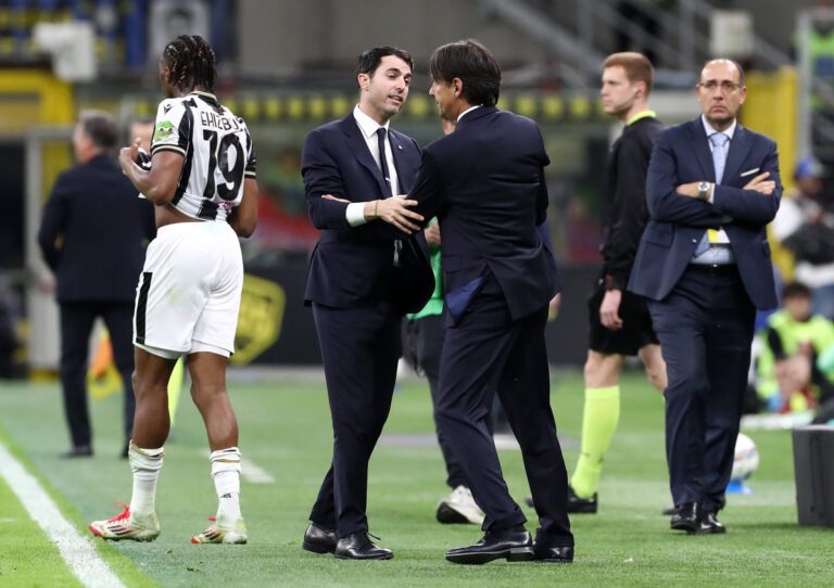 MILAN, ITALY - MARCH 30: Simone Inzaghi, Head Coach of FC Internazionale, reacts, after receiving a red card during the Serie A match between FC Internazionale and Udinese at Stadio Giuseppe Meazza on March 30, 2025 in Milan, Italy. (Photo by Marco Luzzani/Getty Images)