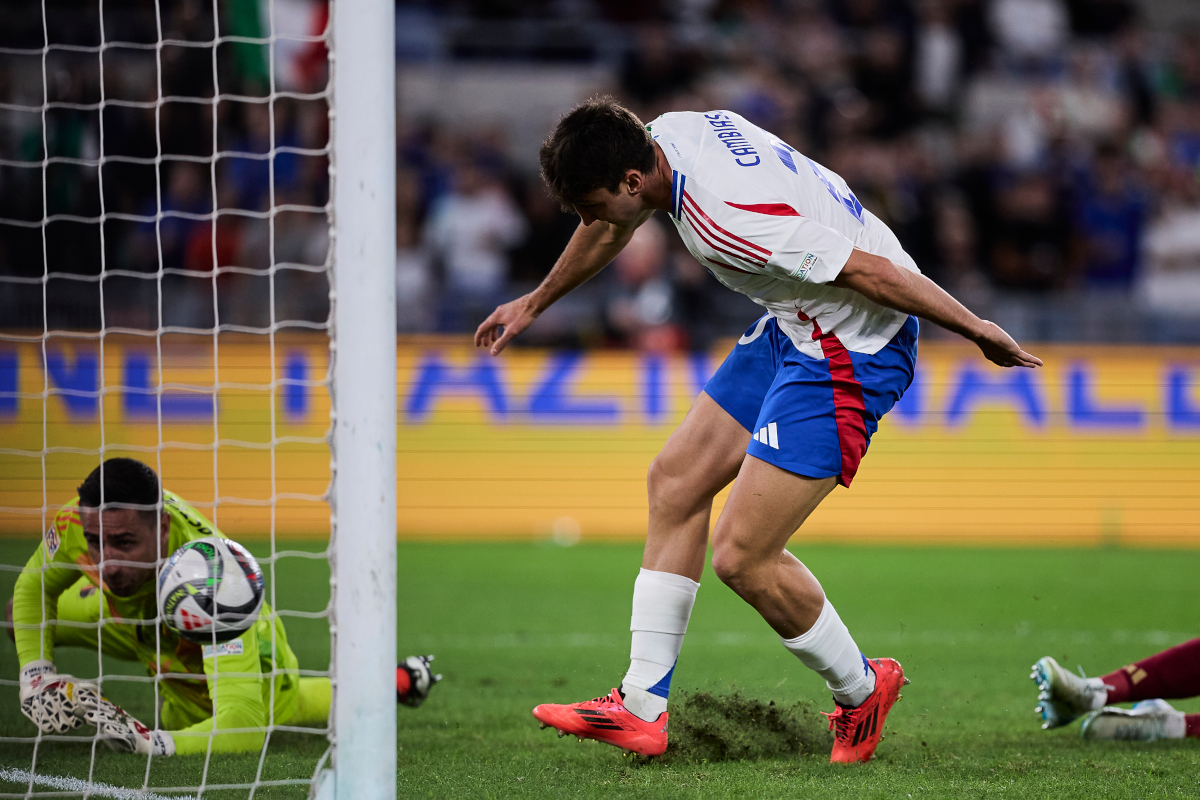 ROME, ITALY - OCTOBER 10: Andrea Cambiaso of Italy scores his team's first goal during the UEFA Nations League 2024/25 League A Group A2 match between Italy and Belgium at Stadio Olimpico on October 10, 2024 in Rome, Italy. (Photo by Emmanuele Ciancaglini/Getty Images)