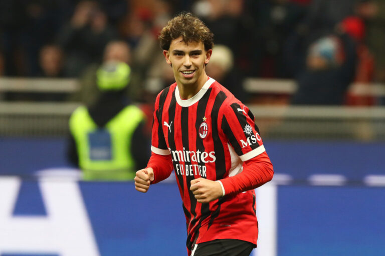 MILAN, ITALY - FEBRUARY 05: Joao Felix of AC Milan celebrates scoring his team's third goal during the Coppa Italia Quarter Final match between AC Milan and AS Roma at Stadio Giuseppe Meazza on February 05, 2025 in Milan, Italy. (Photo by Marco Luzzani/Getty Images)