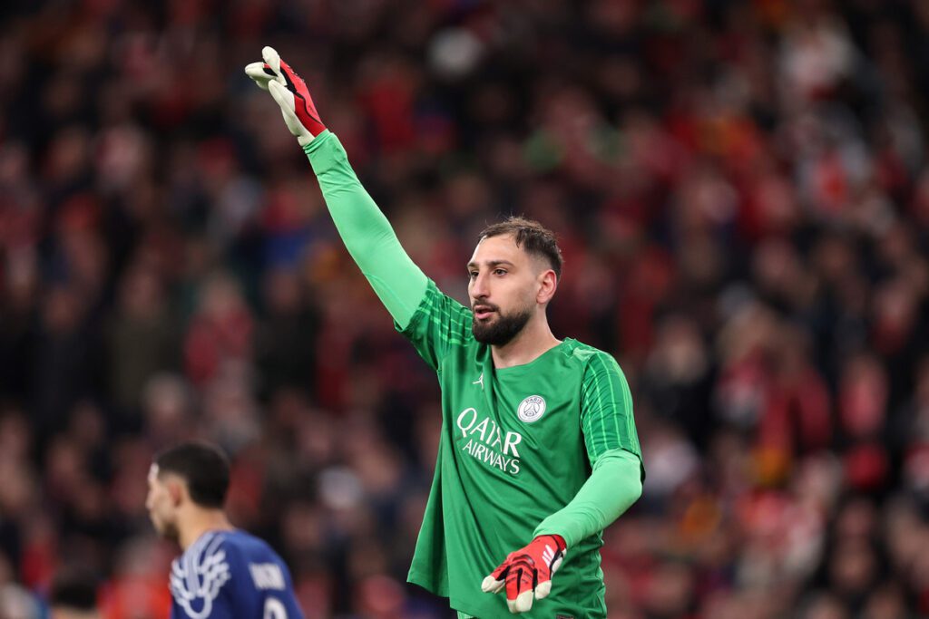 LIVERPOOL, ENGLAND - MARCH 11: Gianluigi Donnarumma of Paris Saint-Germain during the UEFA Champions League 2024/25 UEFA Champions League 2024/25 Round of 16 Second Leg match between Liverpool FC and Paris Saint-Germain at Anfield on March 11, 2025 in Liverpool, England. (Photo by Julian Finney/Getty Images)