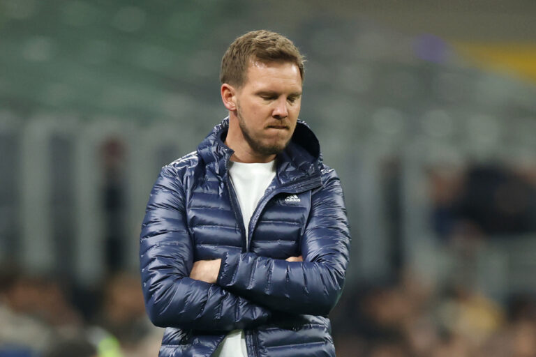 MILAN, ITALY - MARCH 20: Julian Nagelsmann, Head Coach of Germany, reacts during the UEFA Nations League quarterfinal leg one match between Italy and Germany at Stadio San Siro on March 20, 2025 in Milan, Italy. (Photo by Alex Grimm/Getty Images)