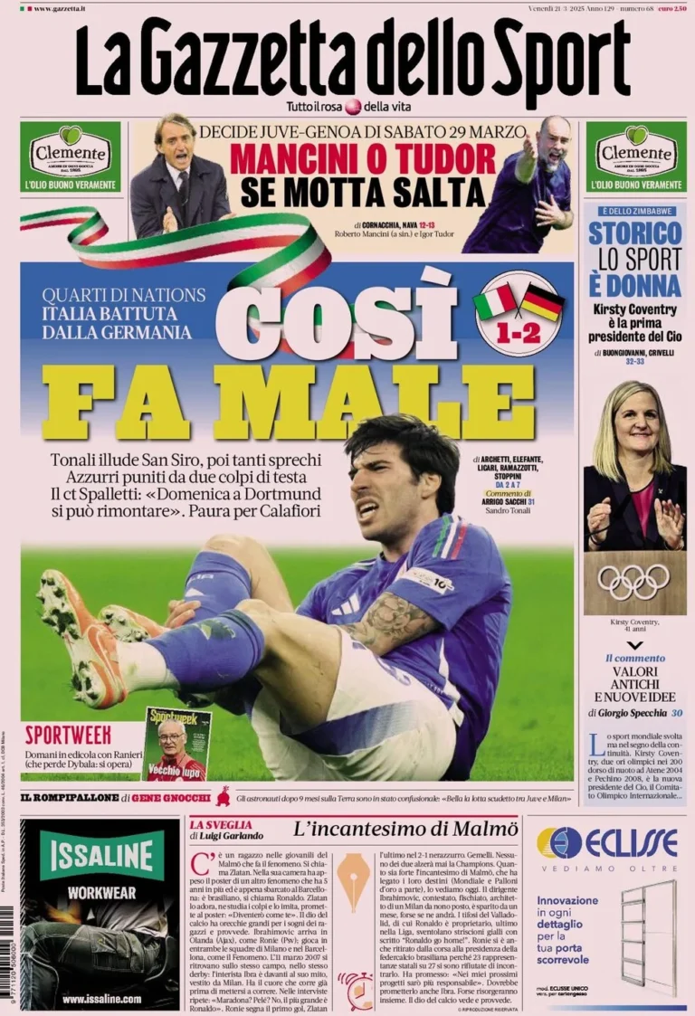 Today’s Papers: Germany beat Italy, Calafiori fear, Mancini or Tudor for Juve