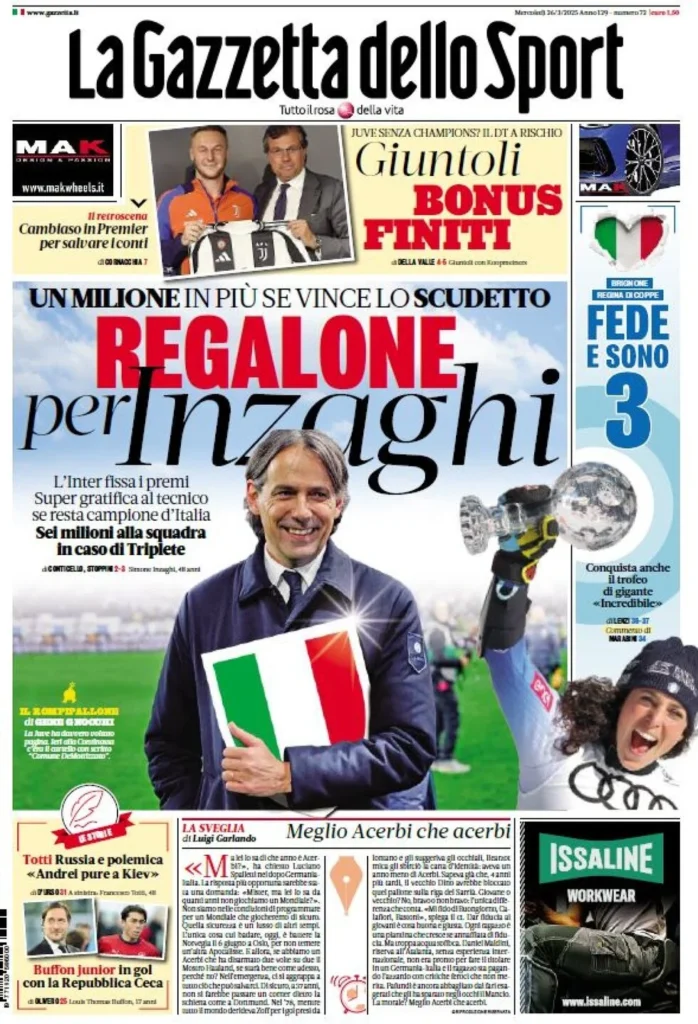 Today’s Papers – Giuntoli’s bonuses over, big Inzaghi gift