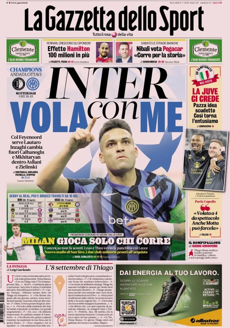 Today’s Papers – Inter want to fly, Juventus dream