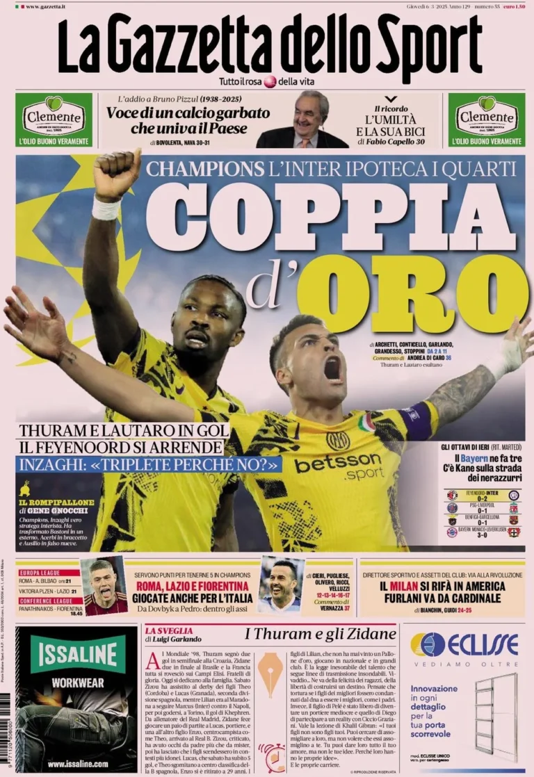 Today’s Papers – Inter’s golden couple, Italy support Roma, Lazio and Fiorentina