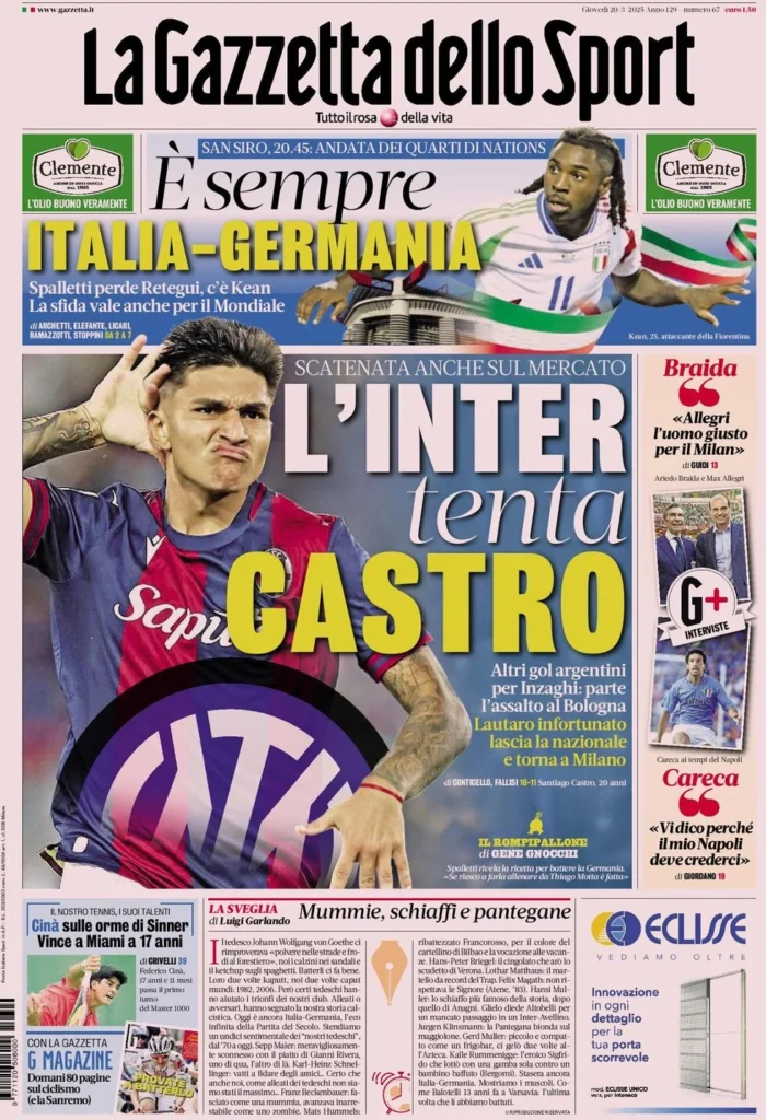 Today’s Papers – Kean leads Italy, Inter tempt Castro