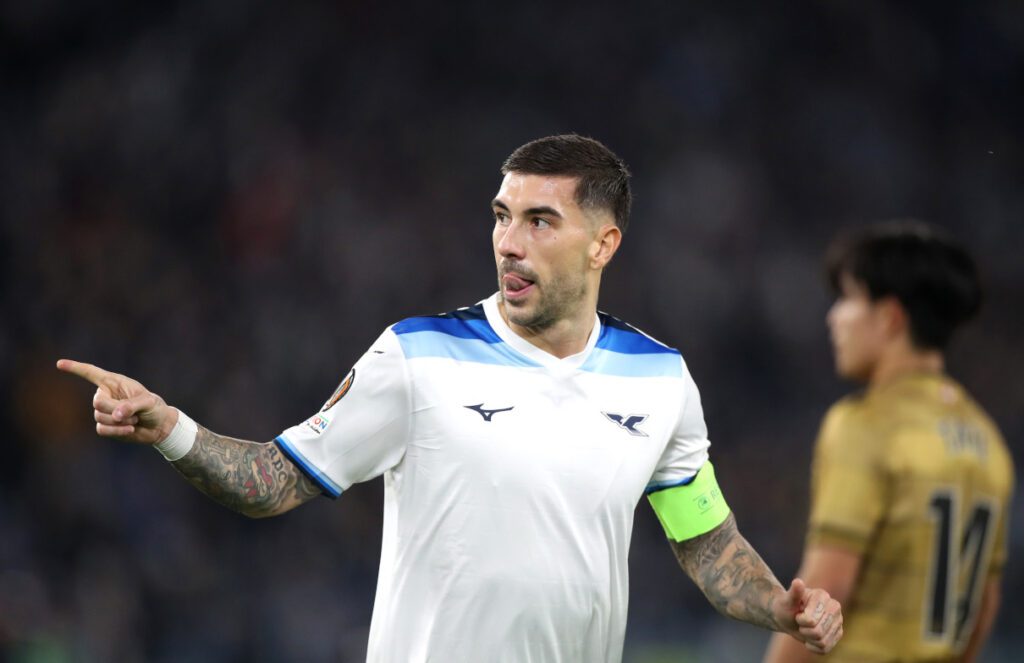 ROME, ITALY - JANUARY 23: Mattia Zaccagni of Lazio celebrates scoring his team's second goal during the UEFA Europa League 2024/25 League Phase MD7 match between S.S. Lazio and Real Sociedad de Futbol at Stadio Olimpico on January 23, 2025 in Rome, Italy. (Photo by Paolo Bruno/Getty Images)