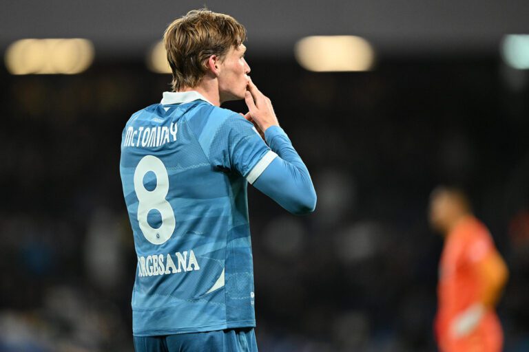 NAPLES, ITALY - APRIL 14: Scott McTominay of Napoli celebrates after scoring his side third goal during the Serie A match between Napoli and Empoli at Stadio Diego Armando Maradona on April 14, 2025 in Naples, Italy. (Photo by Francesco Pecoraro/Getty Images)