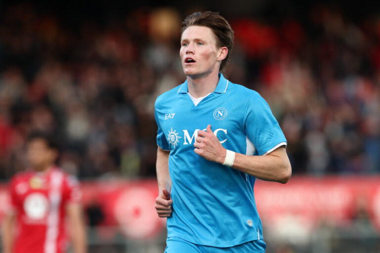 MONZA, ITALY - APRIL 19: Scott McTominay of Napoli celebrates scoring his team's first goal during the Serie A match between Monza and Napoli at U-Power Stadium on April 19, 2025 in Monza, Italy. (Photo by Marco Luzzani/Getty Images)