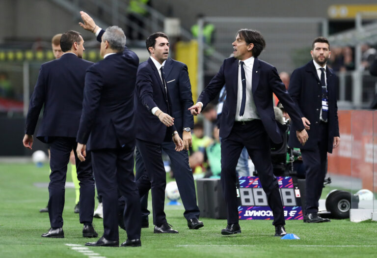 MILAN, ITALY - MARCH 30: Simone Inzaghi, Head Coach of FC Internazionale, reacts, after receiving a red card during the Serie A match between FC Internazionale and Udinese at Stadio Giuseppe Meazza on March 30, 2025 in Milan, Italy. (Photo by Marco Luzzani/Getty Images)