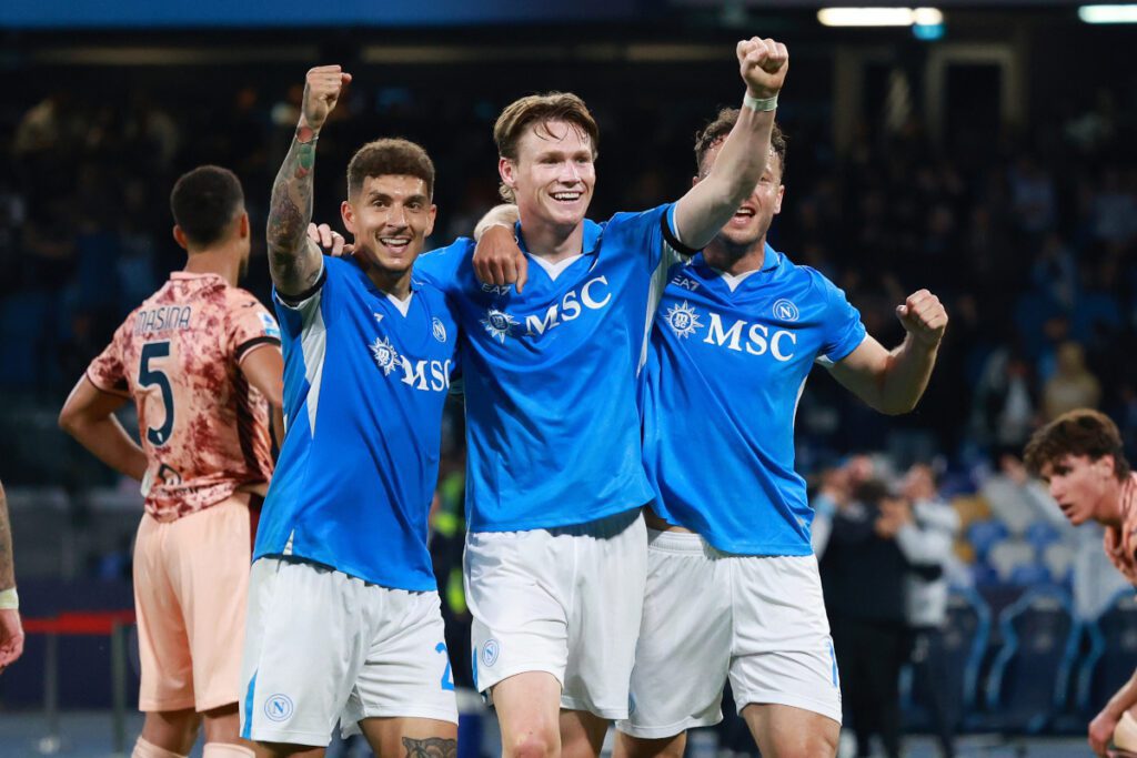 NAPLES, ITALY - APRIL 27: Scott McTominay of Napoli celebrates with Giovanni Di Lorenzo and Amir Rrahmani after scoring his side second goal during the Serie A match between Napoli and Torino at Stadio Diego Armando Maradona on April 27, 2025 in Naples, Italy. (Photo by Francesco Pecoraro/Getty Images)