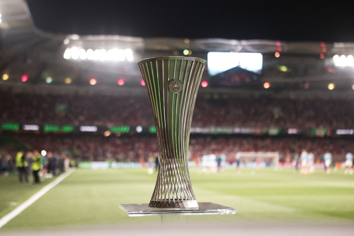 Conference League semi-final line-ups: Real Betis vs. Fiorentina 7 The trophy of the UEFA Europa Conference League final football match between ACF Fiorentina and Olympiakos FC at the Aghia Sophia Stadium (AEK Arena) in Athens, Greece on May 29, 2024. (Photo by Dimitris Peristeris / SOOC / SOOC via AFP) (Photo by DIMITRIS PERISTERIS/SOOC/AFP via Getty Images)