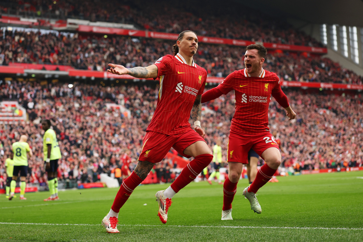 Exclusive: Napoli close in on deals for Lang and Ndoye 7 LIVERPOOL, ENGLAND - MARCH 08: Darwin Nunez of Liverpool celebrates scoring his team's first goal during the Premier League match between Liverpool FC and Southampton FC at Anfield on March 08, 2025 in Liverpool, England. (Photo by Carl Recine/Getty Images)