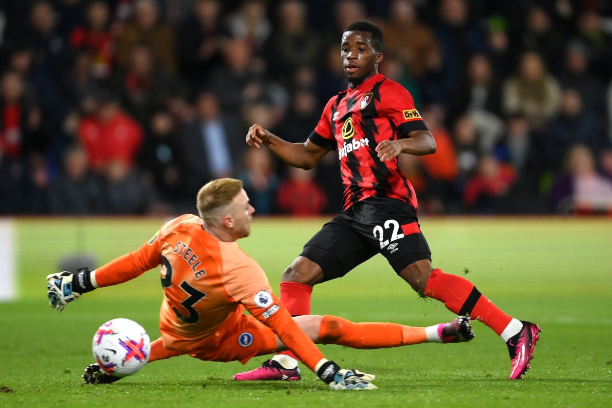 Bournemouth set Traore price amid Atalanta, Bologna and Fiorentina interest 6 BOURNEMOUTH, ENGLAND - APRIL 04: Hamed Junior Traore of AFC Bournemouth shoots past Jason Steele of Brighton & Hove Albion and misses during the Premier League match between AFC Bournemouth and Brighton & Hove Albion at Vitality Stadium on April 04, 2023 in Bournemouth, England. (Photo by Mike Hewitt/Getty Images)