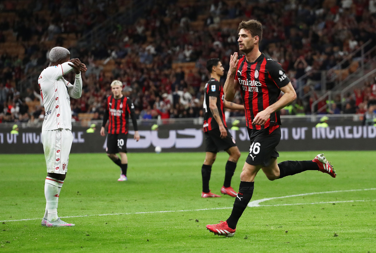 MILAN, ITALY - MAY 24: Matteo Gabbia of AC Milan celebrates scoring his team's first goal during the Serie A match between AC Milan and Monza at Stadio Giuseppe Meazza on May 24, 2025 in Milan, Italy. (Photo by Marco Luzzani/Getty Images)