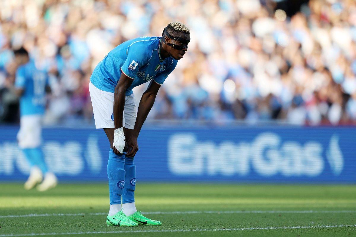 Italian newspaper predicts two clubs will match Osimhen release clause before Man Utd 4 NAPLES, ITALY - MAY 11: Victor Osimhen of SSC Napoli stands disappointed during the Serie A match between SSC Napoli and Bologna FC at Stadio Diego Armando Maradona on May 11, 2024 in Naples, Italy. (Photo by Francesco Pecoraro/Getty Images)
