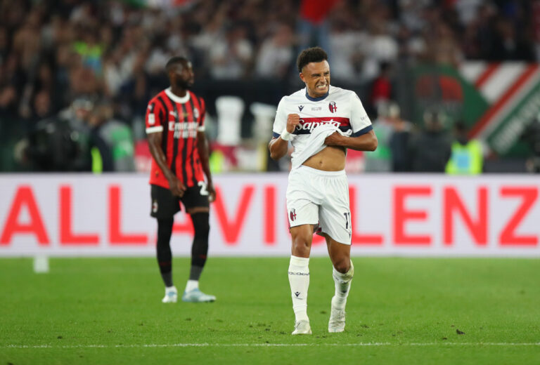ROME, ITALY - MAY 14: Dan Ndoye of Bologna celebrates scoring his team's first goal during the Coppa Italia Final match between AC Milan and Bologna at Stadio Olimpico on May 14, 2025 in Rome, Italy. (Photo by Paolo Bruno/Getty Images)