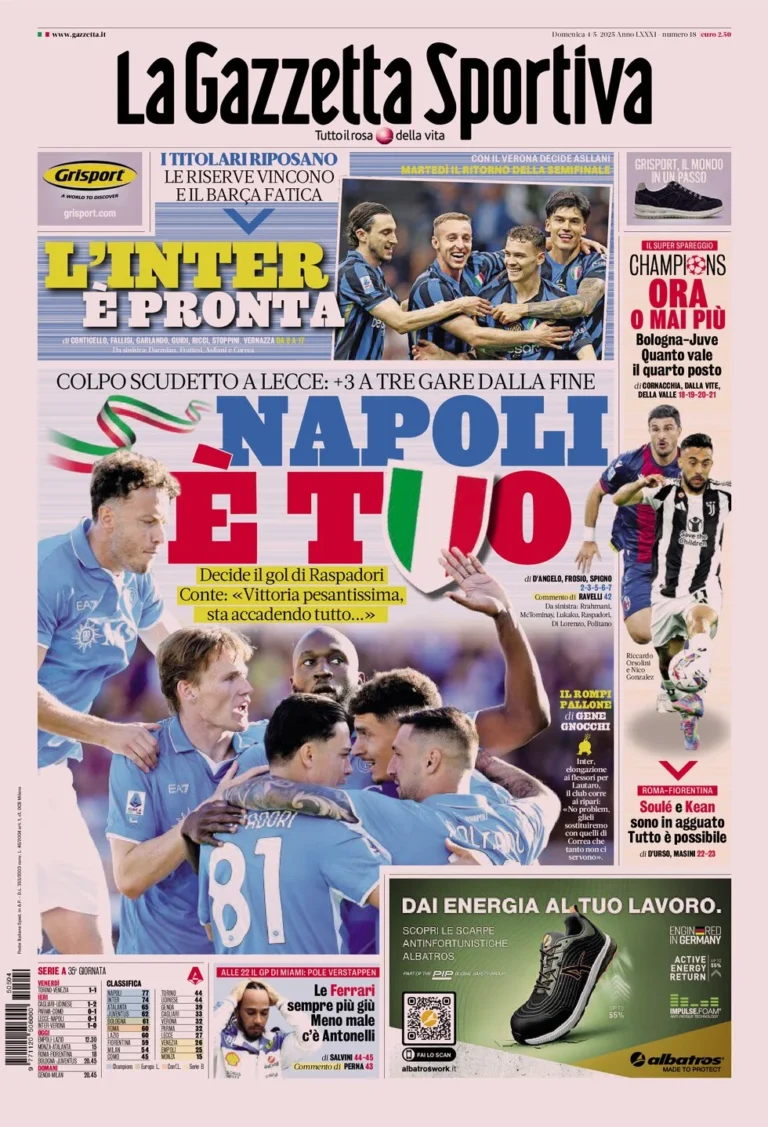 Today’s Papers – Napoli close to Serie A title, Inter ready for Barcelona