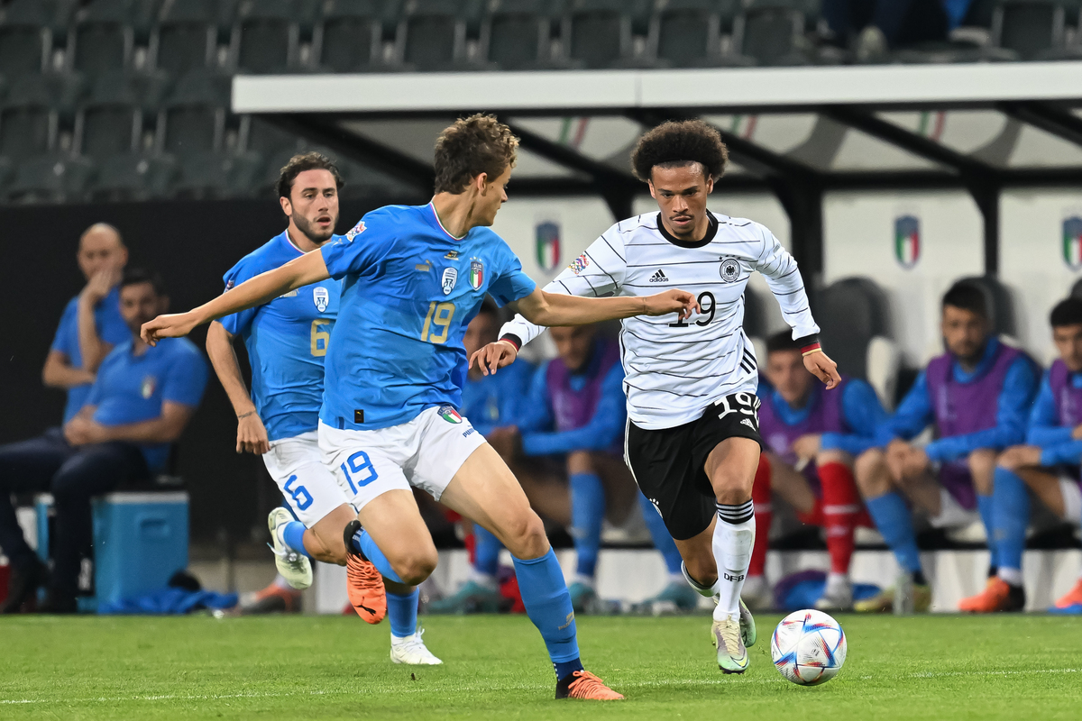 Napoli ask after Scalvini to bring solidity to the defence 6 Leroy Sane of Germany challenges Giorgio Scalvini of Italy during the UEFA Nations League League A Group 3 match between Germany and Italy at Borussia Park Stadium on June 14, 2022 in Moenchengladbach, Germany. (Photo by Christian Kaspar-Bartke/Getty Images)