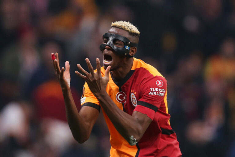 ISTANBUL, TURKEY - JANUARY 21: Victor Osimhen of Galatasaray reacts to a missed chance during the UEFA Europa League 2024/25 League Phase MD7 match between Galatasaray A.S. and FC Dynamo Kyiv at Ali Sami Yen Spor Kompleksi on January 21, 2025 in Istanbul, Turkey. (Photo by Ahmad Mora/Getty Images)