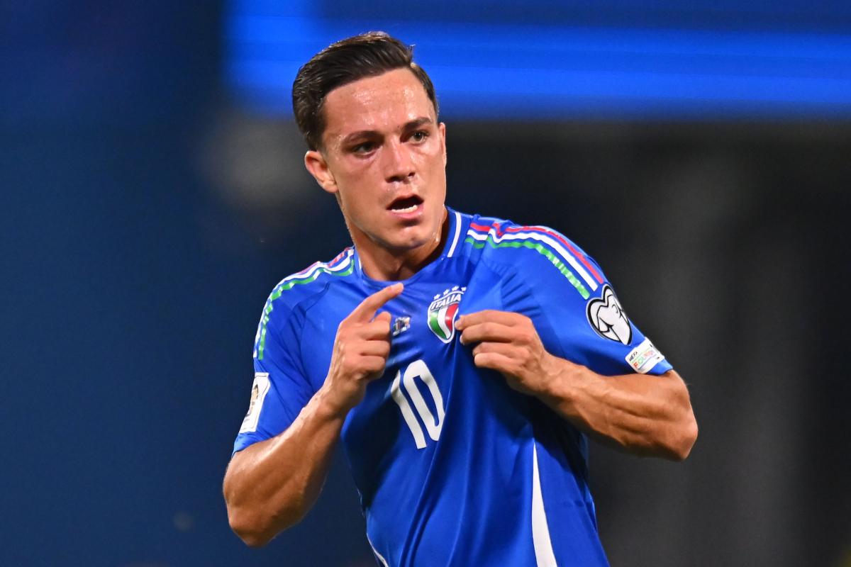 REGGIO NELL'EMILIA, ITALY - JUNE 9: Giacomo Raspadori of Italy celebrates after scoring the opening goal during the FIFA 2026 Qualifier between Italy and Moldova at Mapei Stadium - Citta' del Tricolore on June 09, 2025 in Reggio nell'Emilia, Italy. (Photo by Alessandro Sabattini/Getty Images)