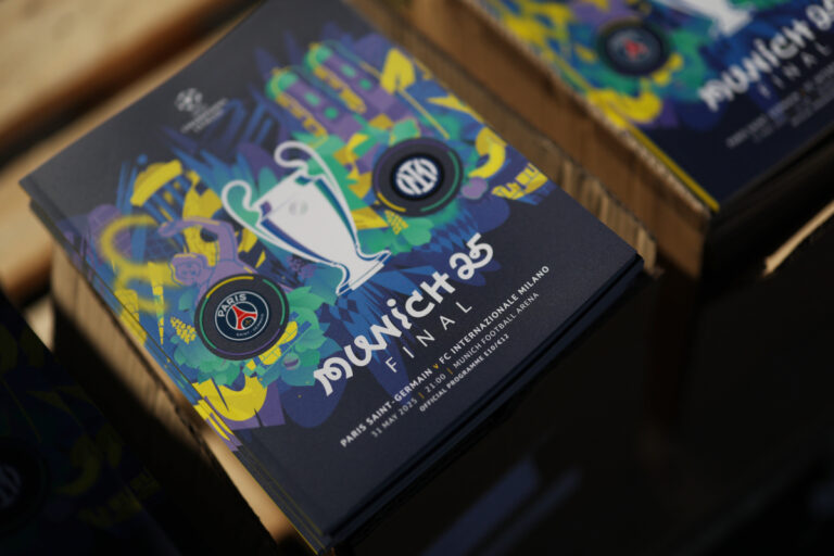 MUNICH, GERMANY - MAY 31: A detailed view of the match program prior to the UEFA Champions League Final 2025 between Paris Saint-Germain and FC Internazionale Milano at Munich Football Arena on May 31, 2025 in Munich, Germany. (Photo by Carl Recine/Getty Images)