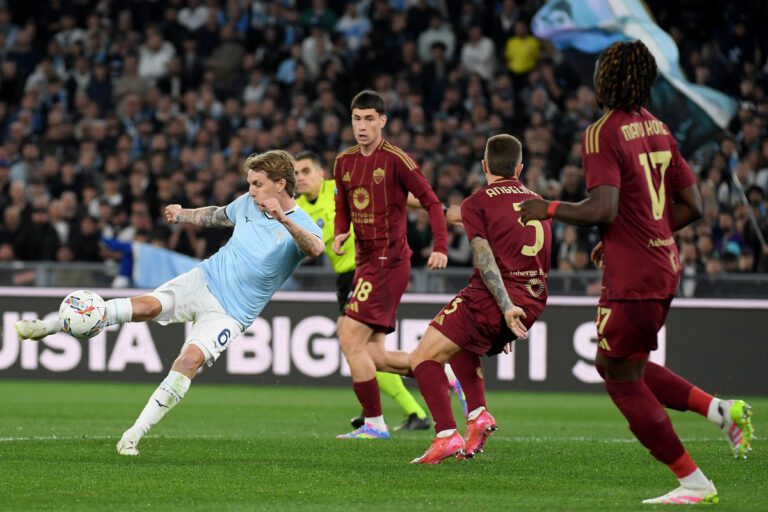 ROME, ITALY - APRIL 13: Nicolò Rovella of SS Lazio kicks the ball during the Serie A match between Lazio and Roma at Stadio Olimpico on April 13, 2025 in Rome, Italy. (Photo by Marco Rosi - SS Lazio/Getty Images)