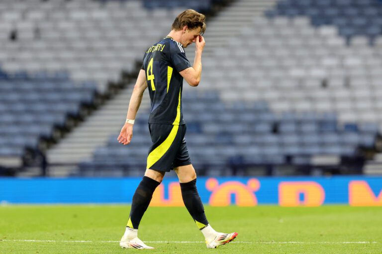 GLASGOW, SCOTLAND - JUNE 06: Scott McTominay of Scotland looks dejected as he is substituted during the international friendly match between Scotland and Iceland at Hampden Park on June 06, 2025 in Glasgow, Scotland. (Photo by Steve Welsh/Getty Images)