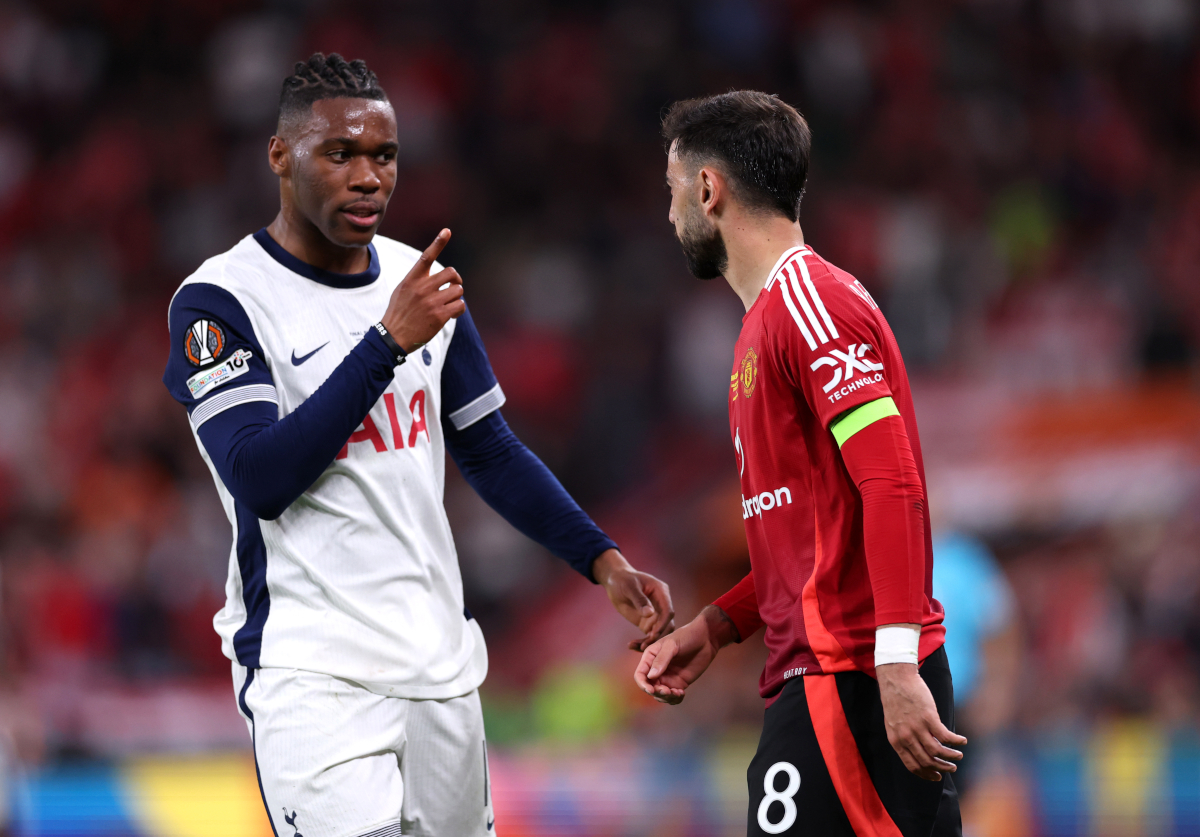 Milan transfers: Cambiaso and Udogie remain on radar as Kim offered 10 BILBAO, SPAIN - MAY 21: Destiny Udogie of Tottenham Hotspur reacts towards Bruno Fernandes of Manchester United during the UEFA Europa League Final 2025 between Tottenham Hotspur and Manchester United at Estadio de San Mames on May 21, 2025 in Bilbao, Spain. (Photo by Michael Steele/Getty Images)