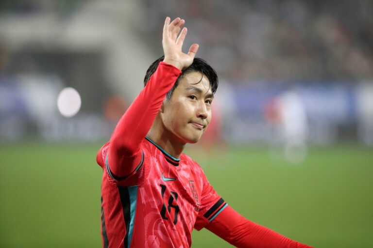 YONGIN, SOUTH KOREA - OCTOBER 15: Lee Kangin of South Korea waves during the FIFA World Cup Asian Third Qualifier Group B match between South Korea and Iraq at Mireu Stadium on October 15, 2024 in Yongin, South Korea. (Photo by Chung Sung-Jun/Getty Images)