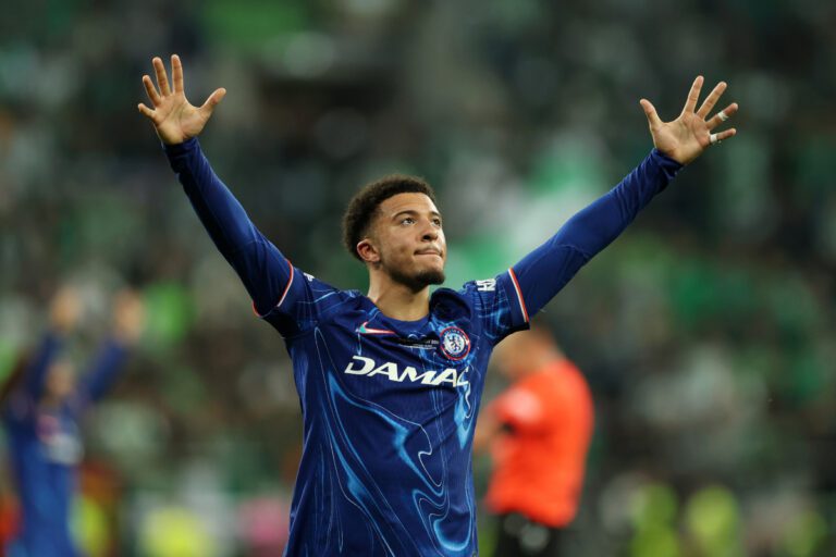 WROCLAW, POLAND - MAY 28: Jadon Sancho of Chelsea celebrates his team's victory at full time following the UEFA Conference League Final 2025 between Real Betis Balompie and Chelsea FC at Stadion Wroclaw on May 28, 2025 in Wroclaw, Poland. (Photo by Richard Heathcote/Getty Images)
