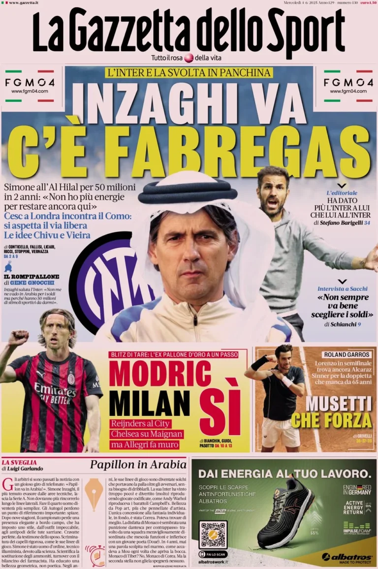 Today’s Papers – End of Inzaghi era, Modric signs for Milan