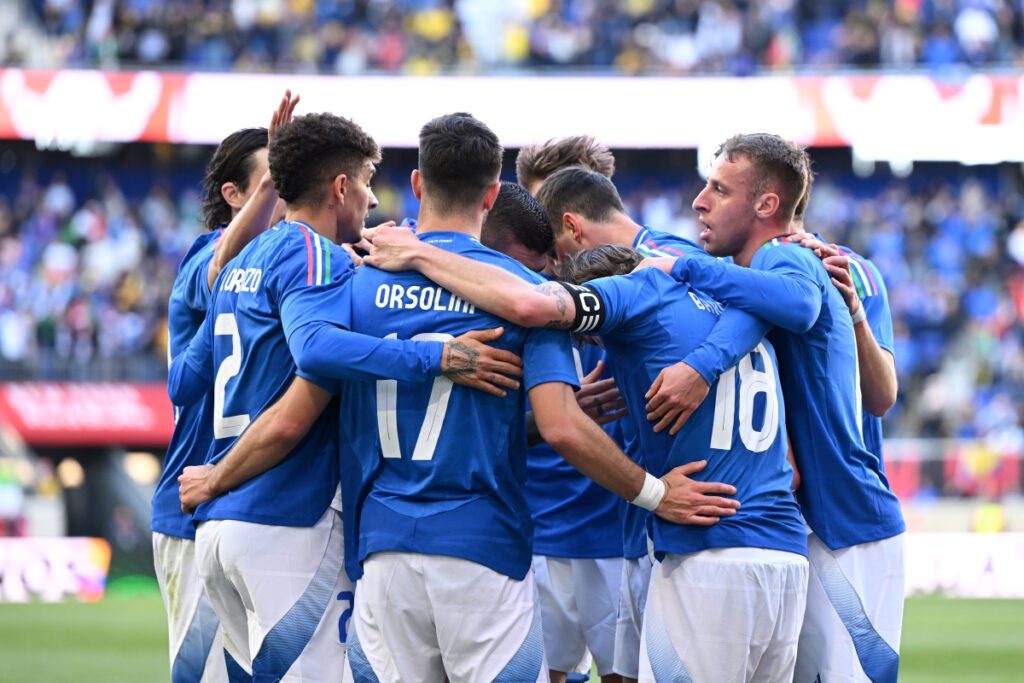 HARRISON, NEW JERSEY - MARCH 24: Euro 2024 hopefuls Nicolo Barella of Italy celebrates with team-mates after scoring a goal during the International Friendly match between Ecuador and Italy at Red Bull Arena on March 24, 2024 in Harrison, New Jersey. (Photo by Claudio Villa/Getty Images)