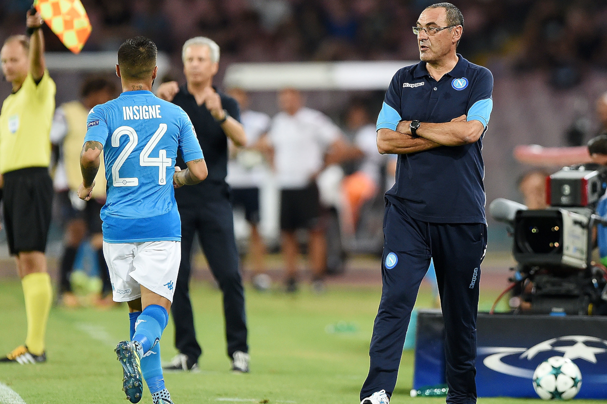 Exclusive: Insigne and Sarri enthusiastic about reunion at Lazio 7 NAPLES, ITALY - AUGUST 16: Coach of Napoli Maurizio Sarri and player Lorenzo Insigne during the UEFA Champions League Qualifying Play-Offs Round First Leg match between SSC Napoli and OGC Nice at Stadio San Paolo on August 16, 2017 in Naples, Italy. (Photo by Francesco Pecoraro/Getty Images)