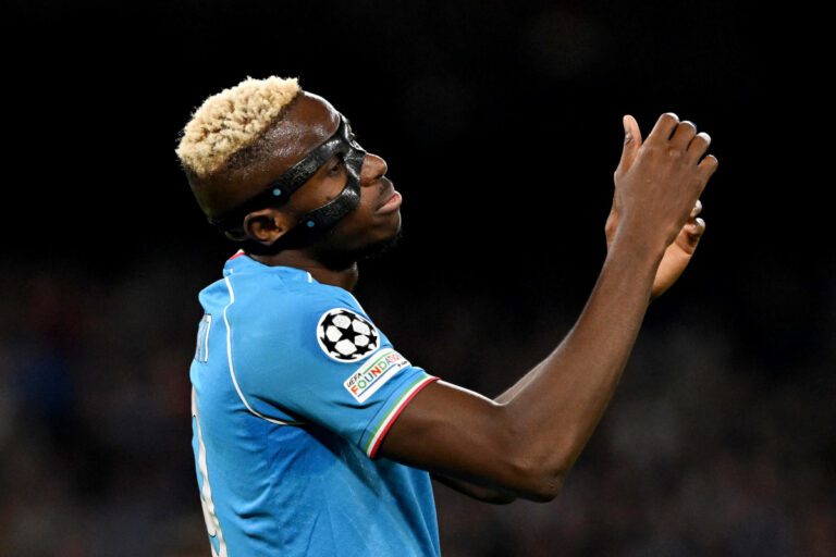 NAPLES, ITALY - FEBRUARY 21: Victor Osimhen of SSC Napoli reacts during the UEFA Champions League 2023/24 round of 16 first leg match between SSC Napoli and FC Barcelona at Stadio Diego Armando Maradona on February 21, 2024 in Naples, Italy. (Photo by Francesco Pecoraro/Getty Images)