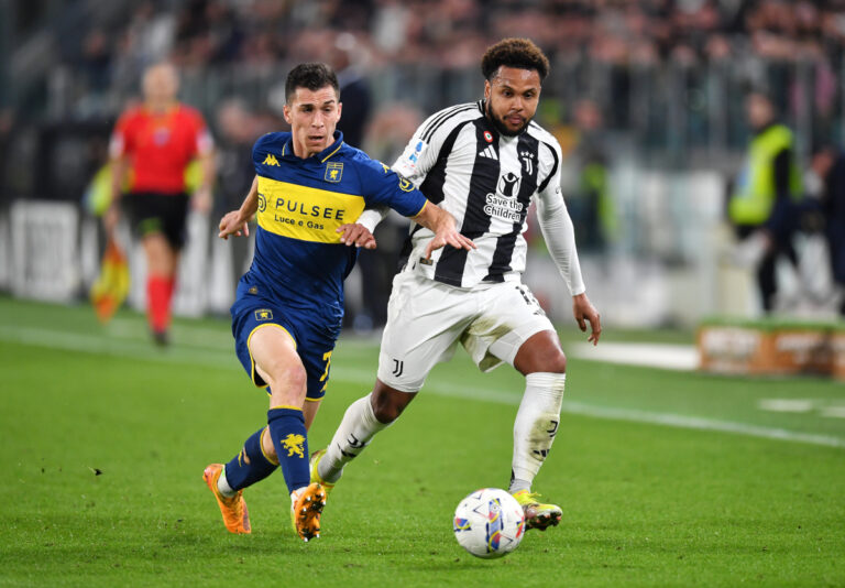 TURIN, ITALY - MARCH 29: Patrizio Masini of Genoa battles for possession with Weston McKennie of Juventus during the Serie A match between Juventus and Genoa at the Allianz Stadium on March 29, 2025 in Turin, Italy. (Photo by Valerio Pennicino/Getty Images)